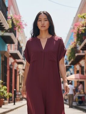 Atmosphere Deep Burgundy Short Sleeve V-Neck Dress 14